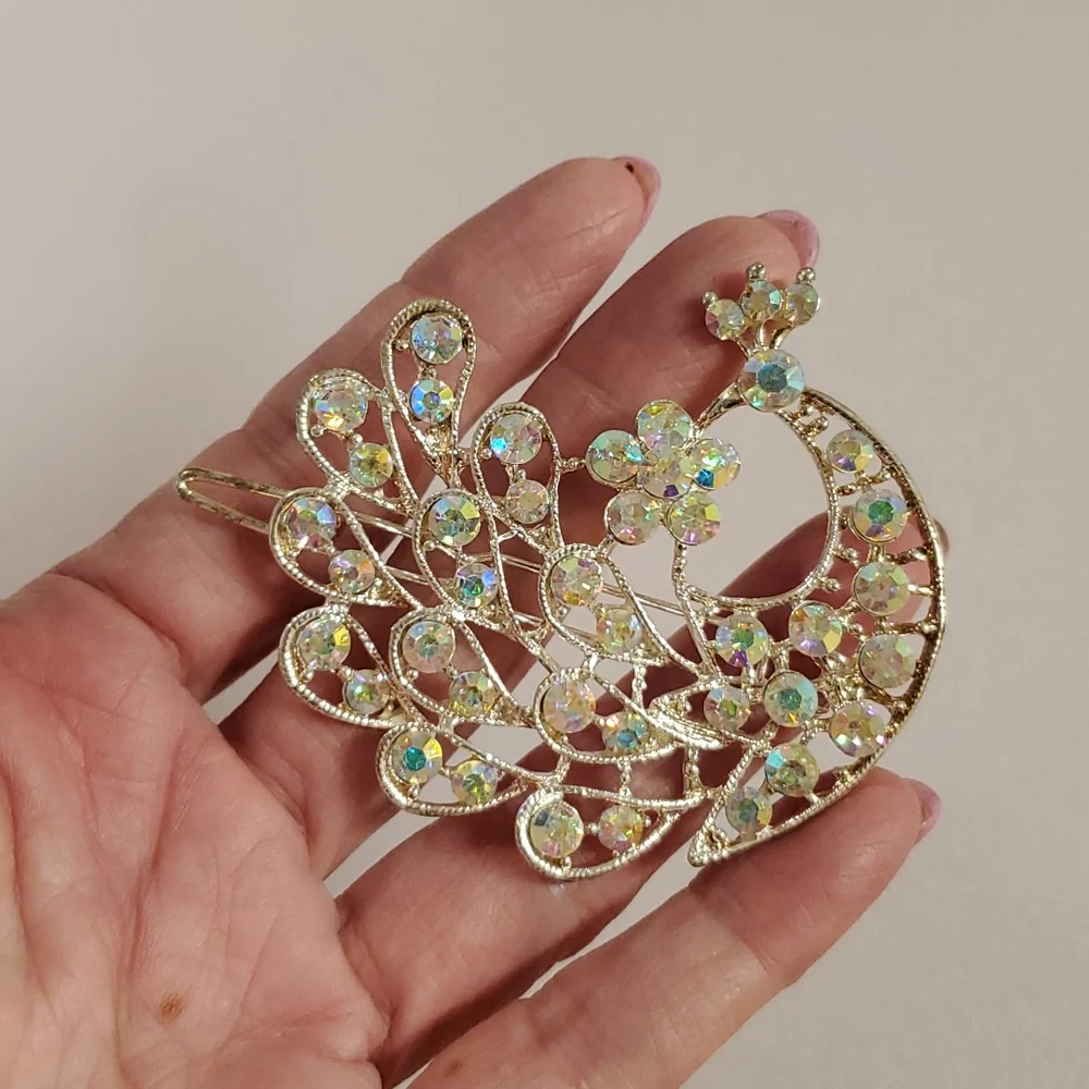 Peacock hair barrette gold tone Aurora Borealis rhinestones prom bridesmaid